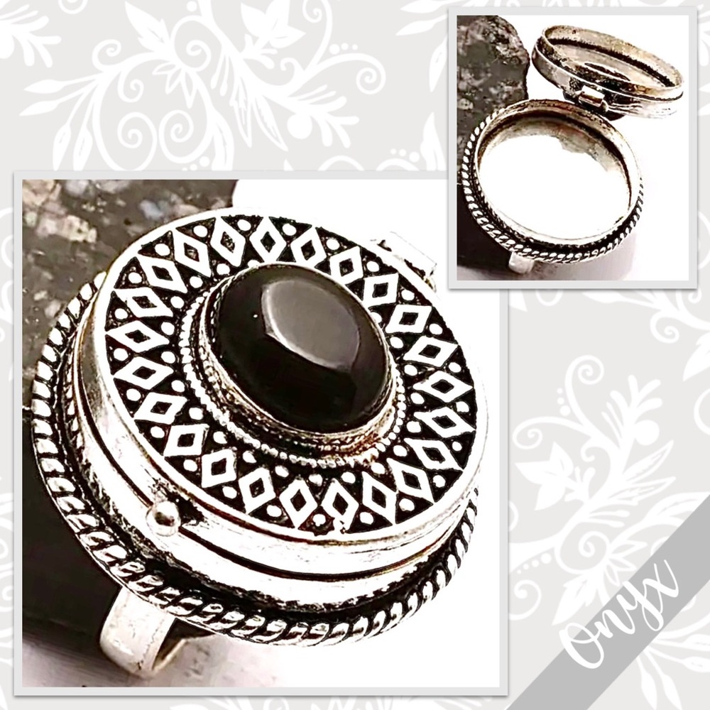 Black Onyx Eclectic Silver Poison Ring, Size 7.75